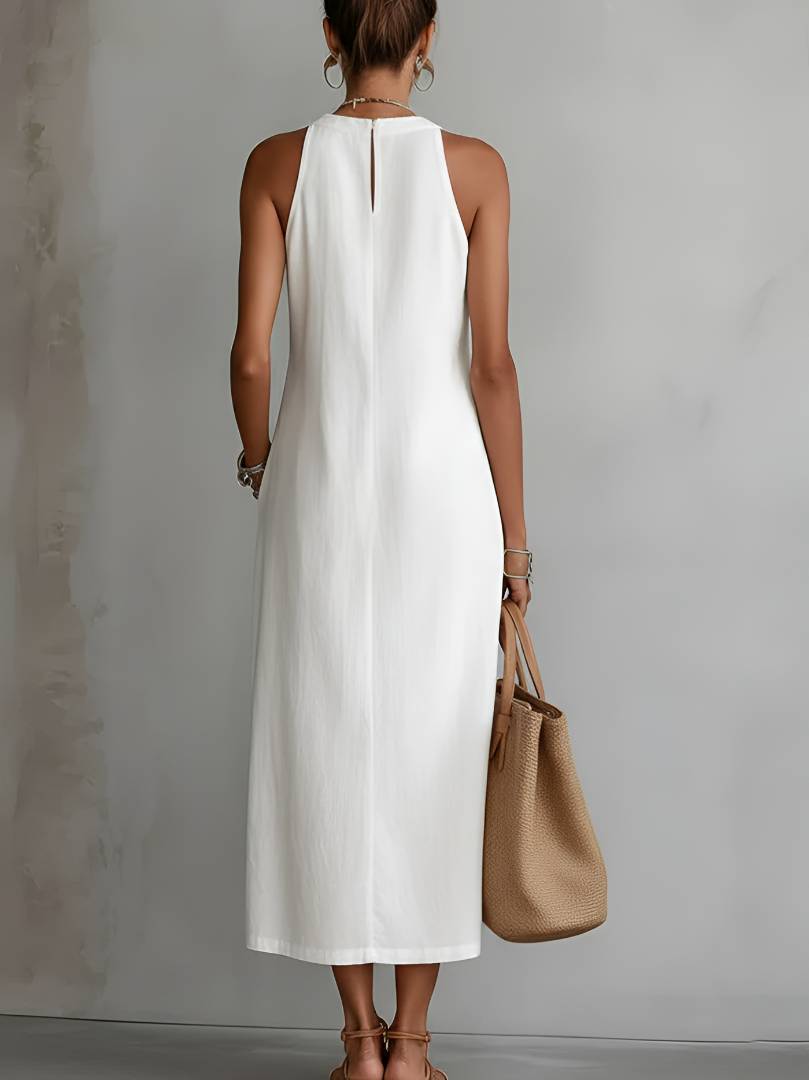 Jimena™ | Relaxed Embroidered Mandarin Collar Midi Dress
