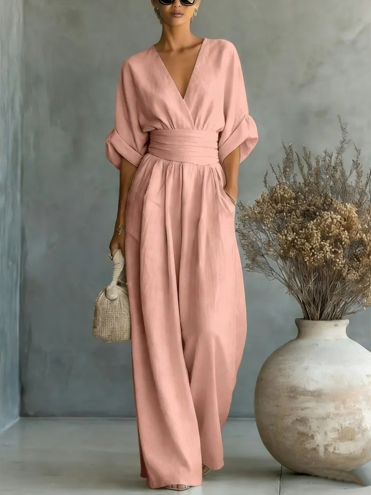 DEEP V-NECK LONG JUMPSUIT WITH 3/4 SLEEVES
