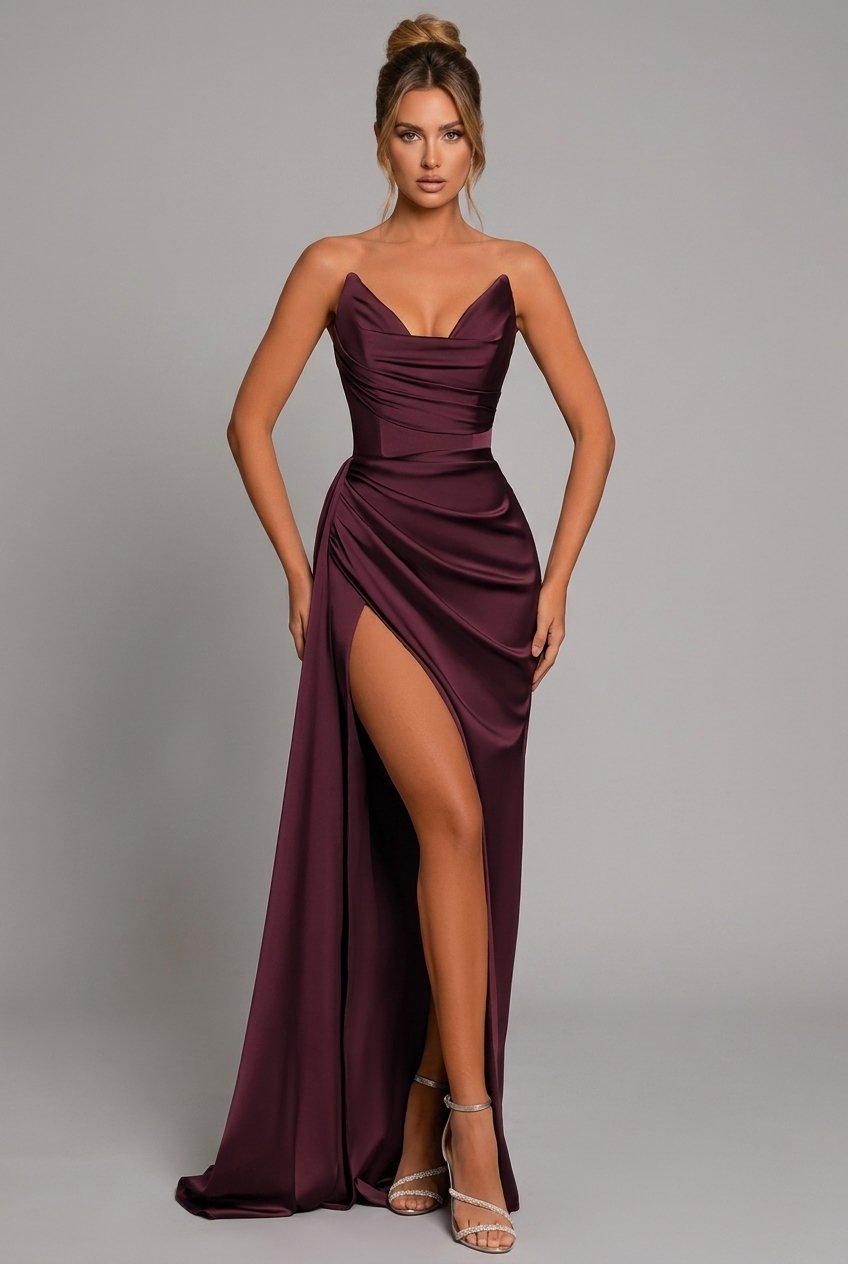 Elegant Satin Maxi Dress for Formal Wedding Guest Style with Strapless Ruched Bodice