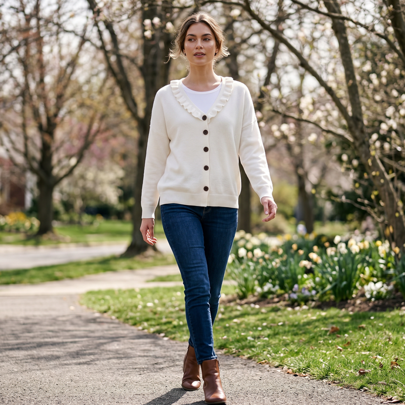 Women's Knitted Cardigan with Ruffle Collar
