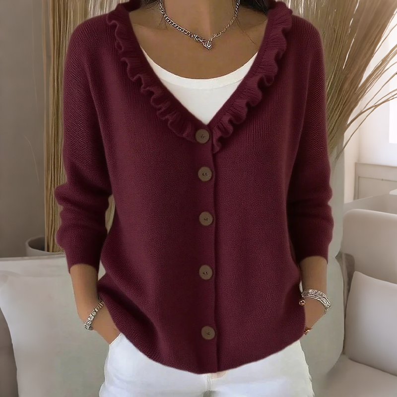 Women's Knitted Cardigan with Ruffle Collar