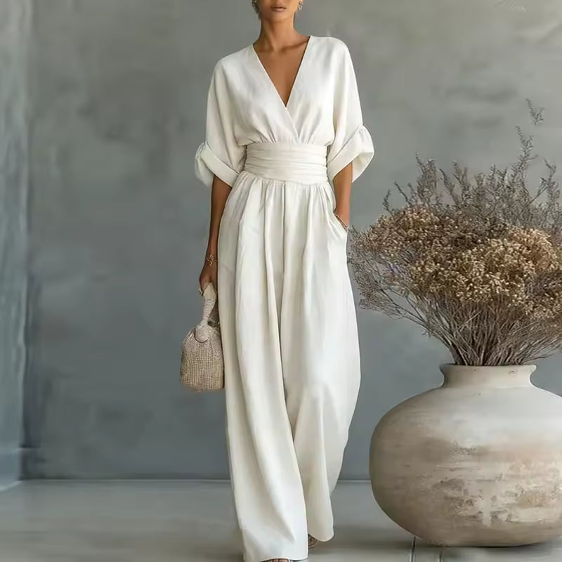 DEEP V-NECK LONG JUMPSUIT WITH 3/4 SLEEVES