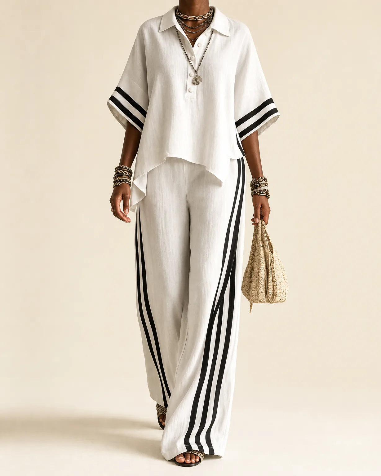 Naima | Polo Collar Top & Side-Stripe Wide-Leg Set