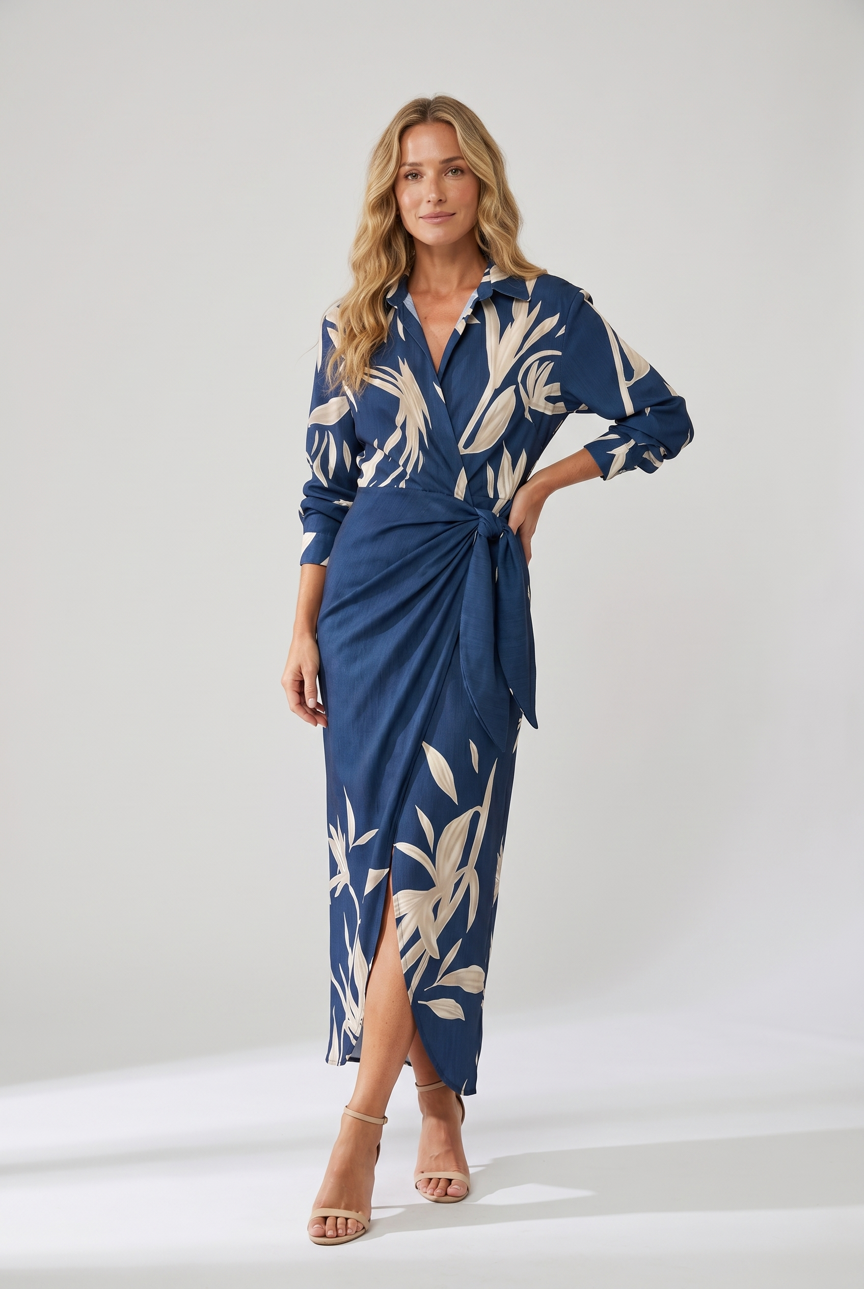 Women's Dress | Leaf Print Maxi Wrap V-Neck