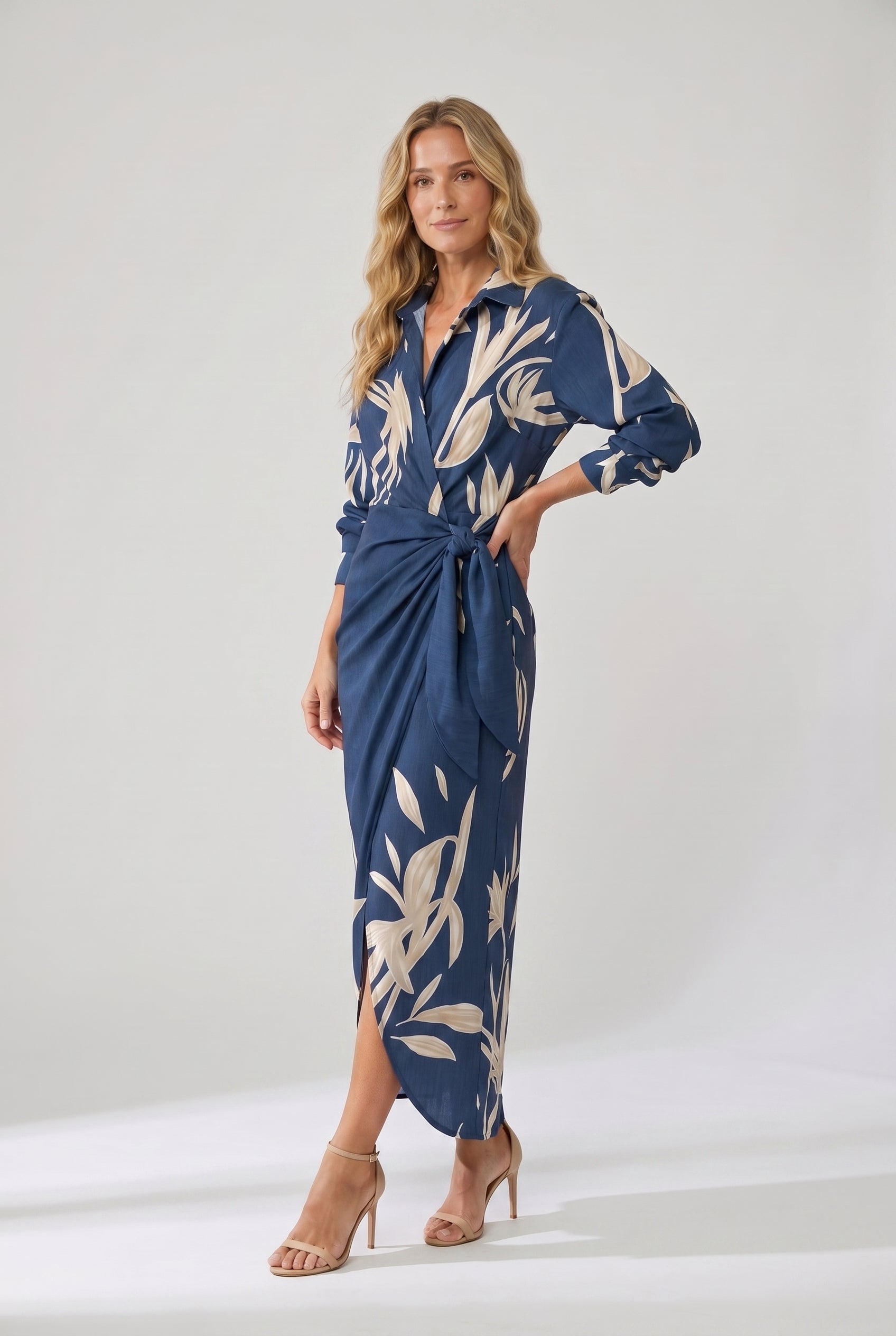 Women's Dress | Leaf Print Maxi Wrap V-Neck