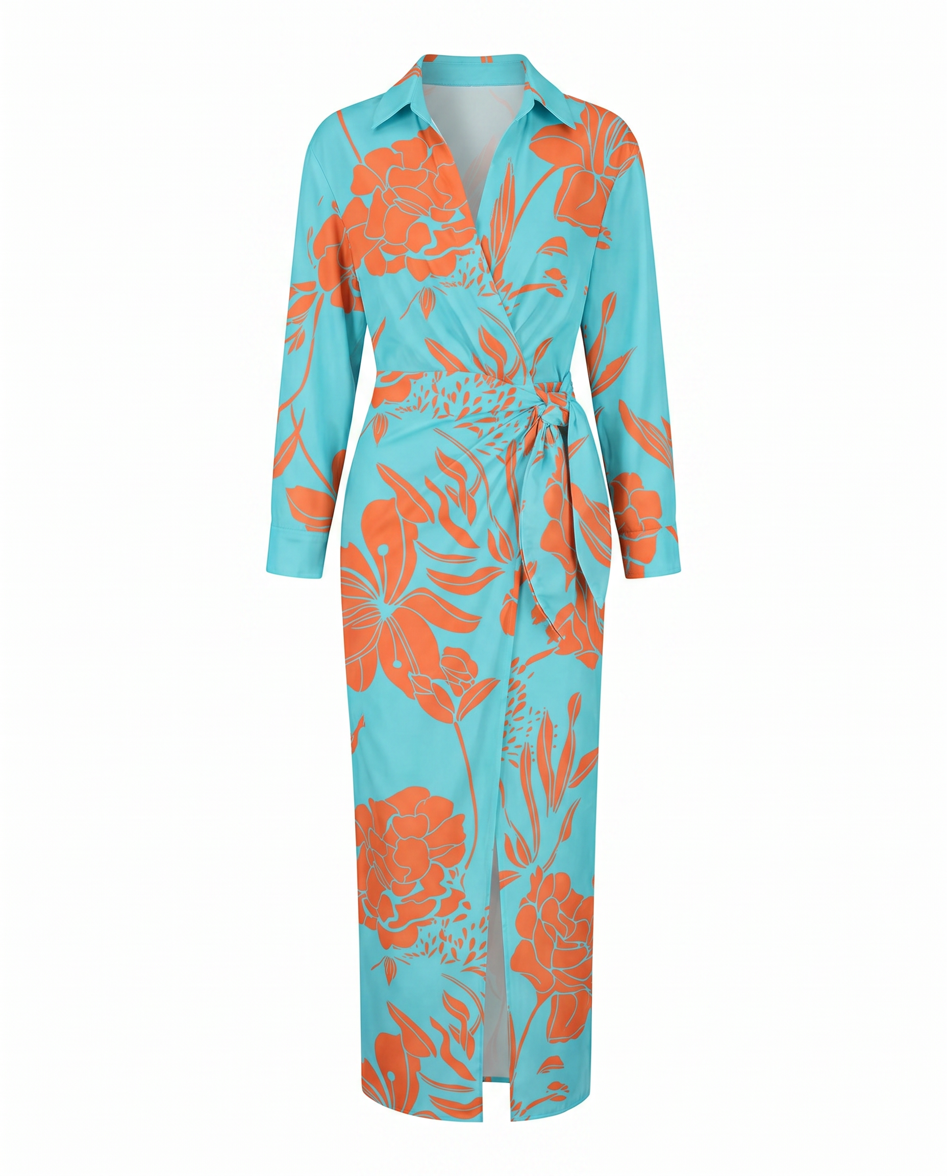 Women's Dress | Leaf Print Maxi Wrap V-Neck