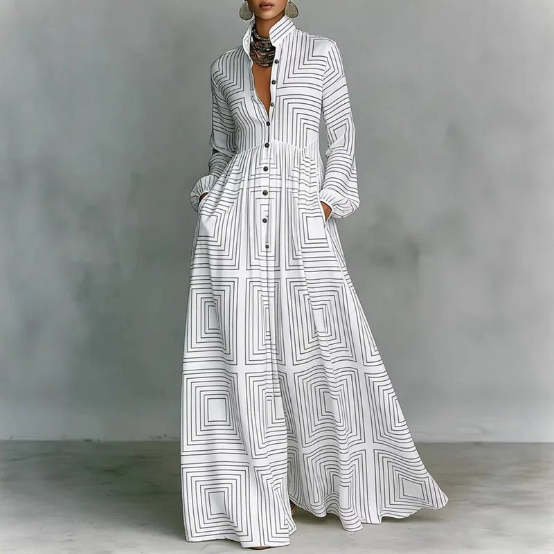 Effortless Printed Maxi Dress for Women with Stand Collar Long Sleeve Button Front High Waist Bohemian Style