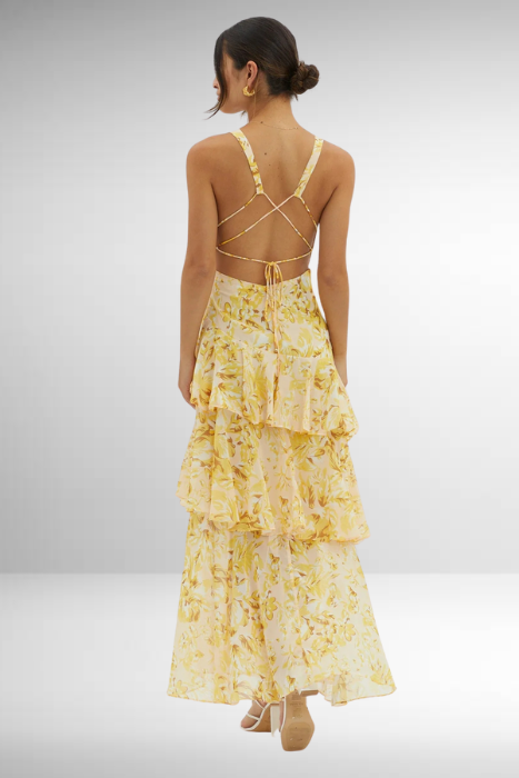 Women’s Printed V Neck Ruffle Tiered Maxi Wedding Guest Dress