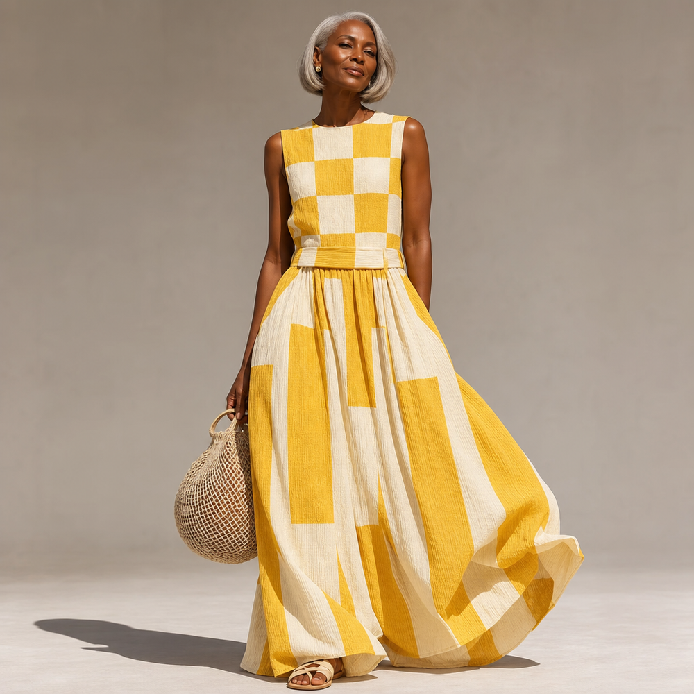 Ayana | Plaid and Stripe Panelled Sleeveless Maxi Dress